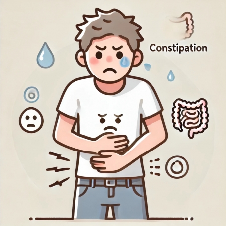 DALL·E 2025-04-01 23.12.17 - A cartoon-style illustration of a person with constipation, holding their stomach in pain. The person looks uncomfortable, with a strained facial expr